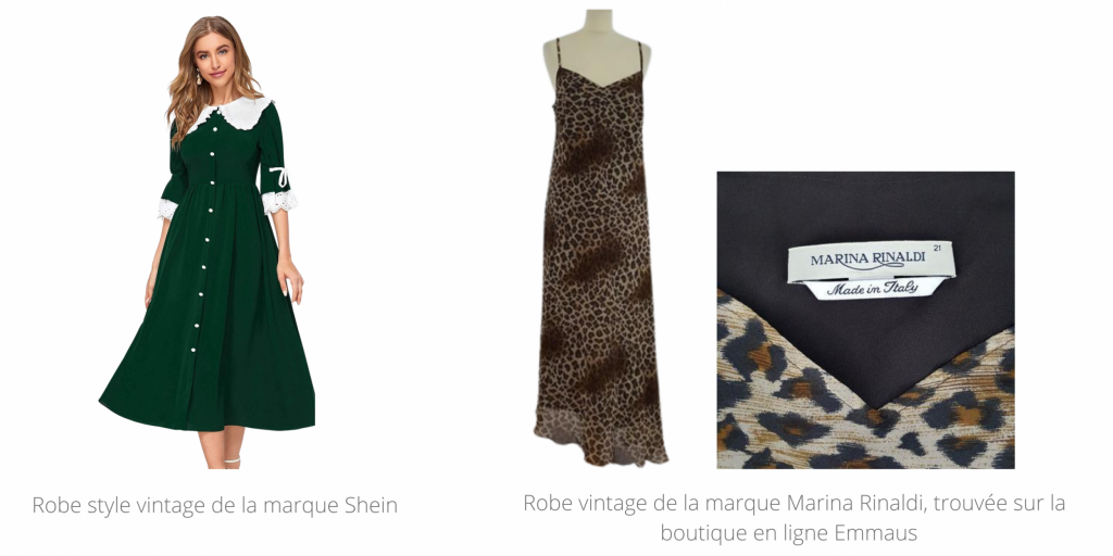 Visuel représentant une robe effet vintage d'une marque de fast fashion appelée Shein et une robe vintage de la marque Marina Rinaldi, trouvée sur la boutique en ligne Emmaus 